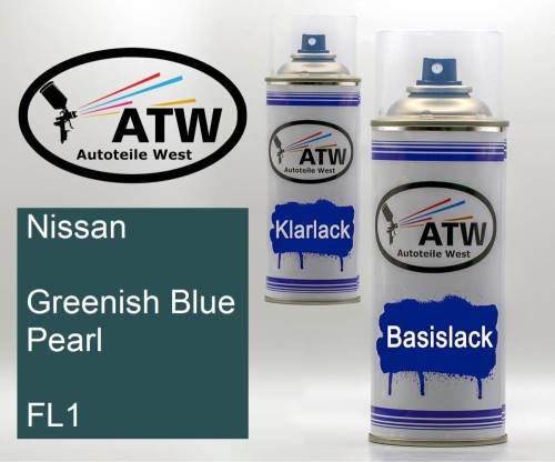 Nissan, Greenish Blue Pearl, FL1: 400ml Sprühdose + 400ml Klarlack - Set, von ATW Autoteile West.
